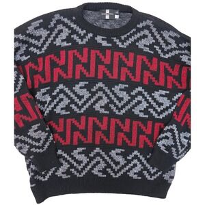 International Sweater Mens Big 3X Black Geometric Knit Crewneck Pullover USA 90s